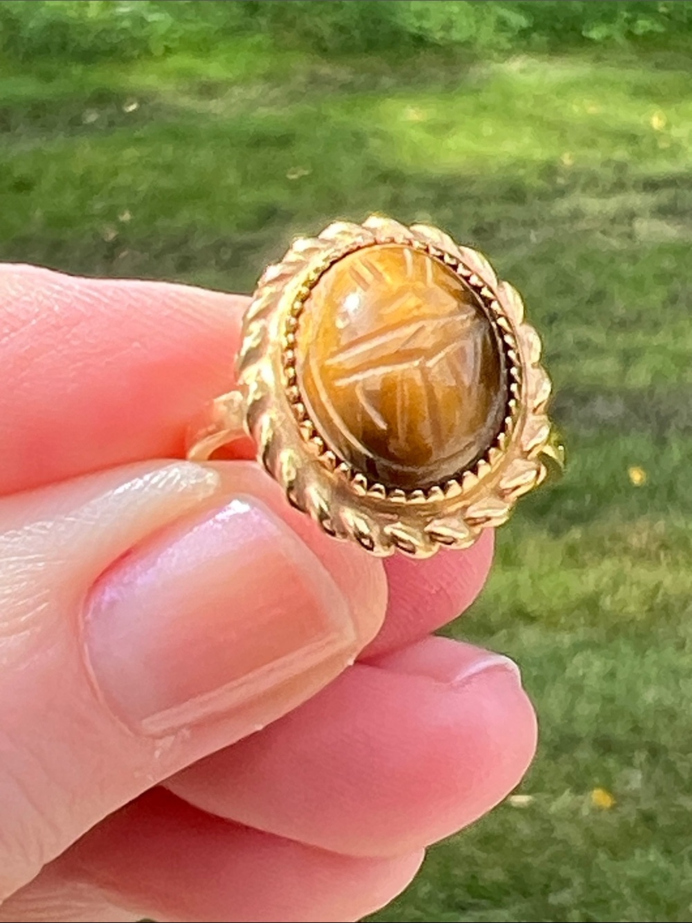 Vintage Carved Scarab Tiger Eye Cabochon 10k Gold Filled Signed Adjustable Ring
